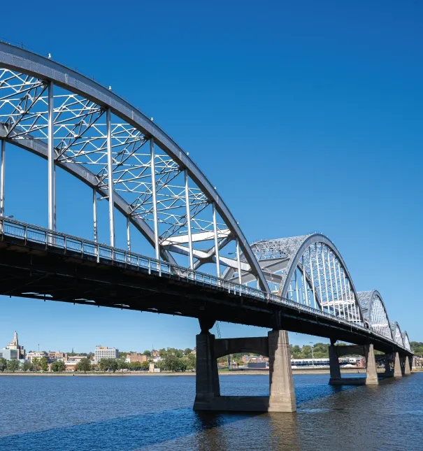 The Centennial Bridge in the Quad Cities viewed from the Iowa riverfront.